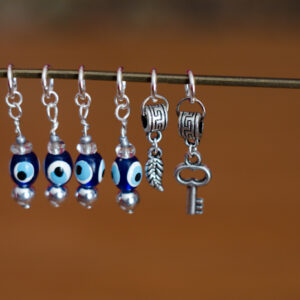 Silver Evil Eye Stitch Markers - Key & Feather - set of 6